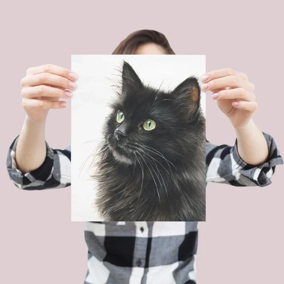 Watercolor Siberian Black Cat Art Print Illustartion - Pet Portrait - Unframed - Picture 4 of 6